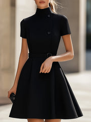 Elegant Black High-Neck Belted Sheath - Midi Dress