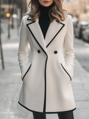 Chic Double-Breasted White Coat with Black Trim - Women's Coat