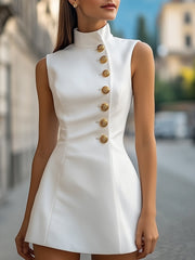Elegant Golden-Button Satin High Collar - Sheath Dress