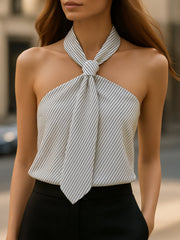 Striped Knot-Front Halter-Neck - Blouse