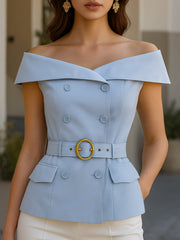 Elegant Off-Shoulder Belted Tailored - Blazer Top