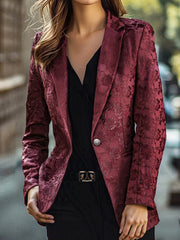 Burgundy Floral Jacquard Single-Breasted Tailored - Blazer