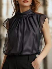 Elegant Black High-Neck Sheer Chiffon - Blouse