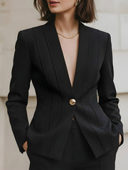 Deep Plunge V-Neck with Statement Gold Button - Blazer
