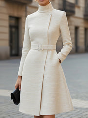 Elegant High-Neck Belted Wool-Blend - Midi Dress