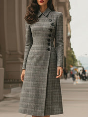 Elegant Plaid Asymmetric Button-Front - Midi Dress
