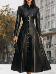 Sleek Black Faux Leather Button-Front Shirt Dress - Midi Dress