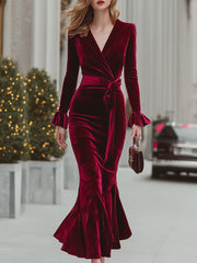 Luxury Wine Red Velvet Wrap Mermaid - Maxi Dress