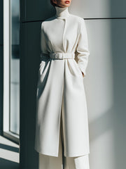 White Minimalist Belted Wool Overcoat - Coat
