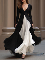 Monochrome Flowing Contrast-Panel Evening Gown - Maxi Dress