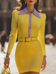 Elegant Colorblock Belted Knit - Midi Dress