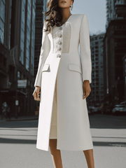 Ivory Longline Coat with Textured Contrast Panel & Silver Buttons - Coat