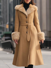Chic Camel Colored Faux Fur Trim - Trench Coat