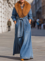Belted Denim Maxi Coat With Faux Fur Collar - Maxi Coat