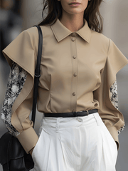 Taupe Button-Down With Draped Overlay Sleeves and Floral Contrast - Blouse