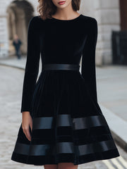 Black Velvet Satin-Striped Fit-and-Flare - Mini Dress