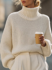 Oversized Cream Knit Turtleneck - Sweater