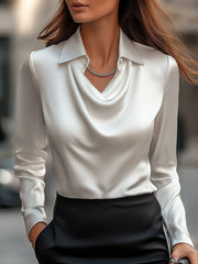Elegant White Satin Draped Neckline - Women's Blouse