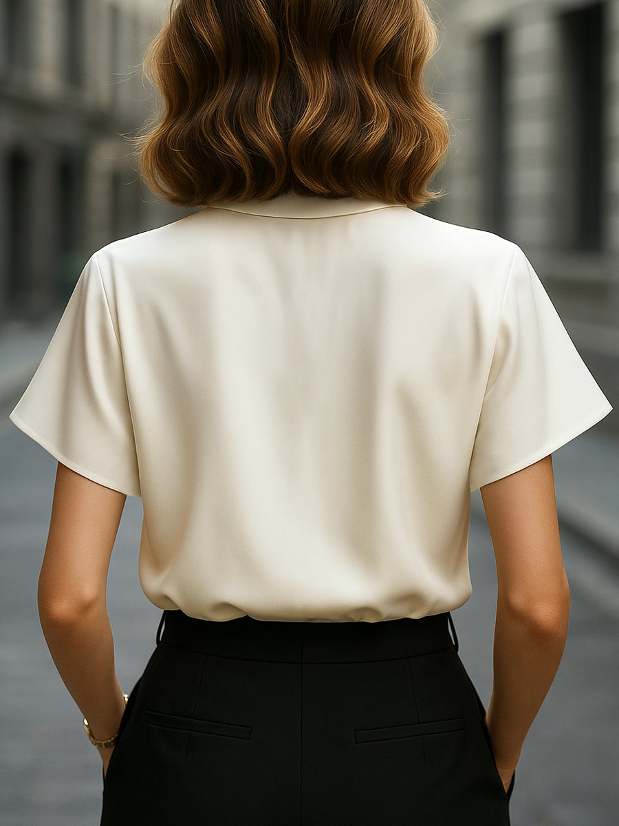Asymmetric Satin Button-Down with Cutout Collar - Blouse