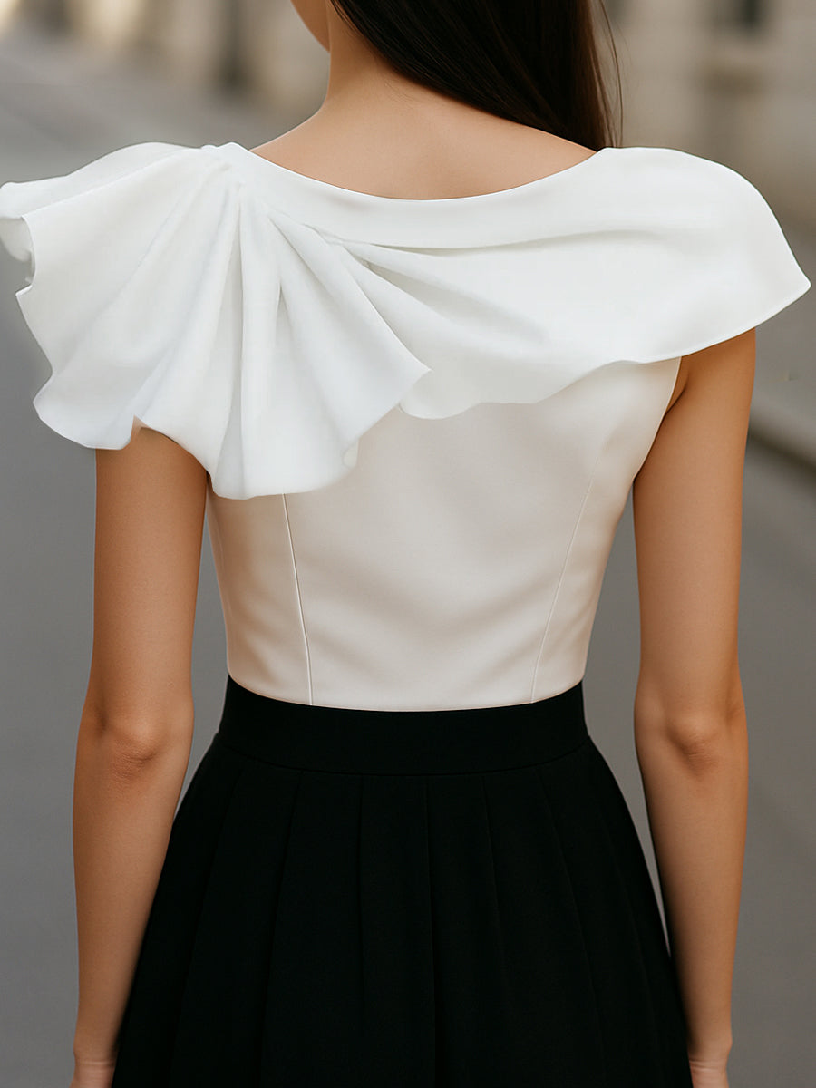 Chic Asymmetric Ruffle Boat Neck - Blouse