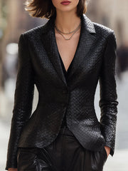 Black Woven Leather Tailored Fit - Blazer