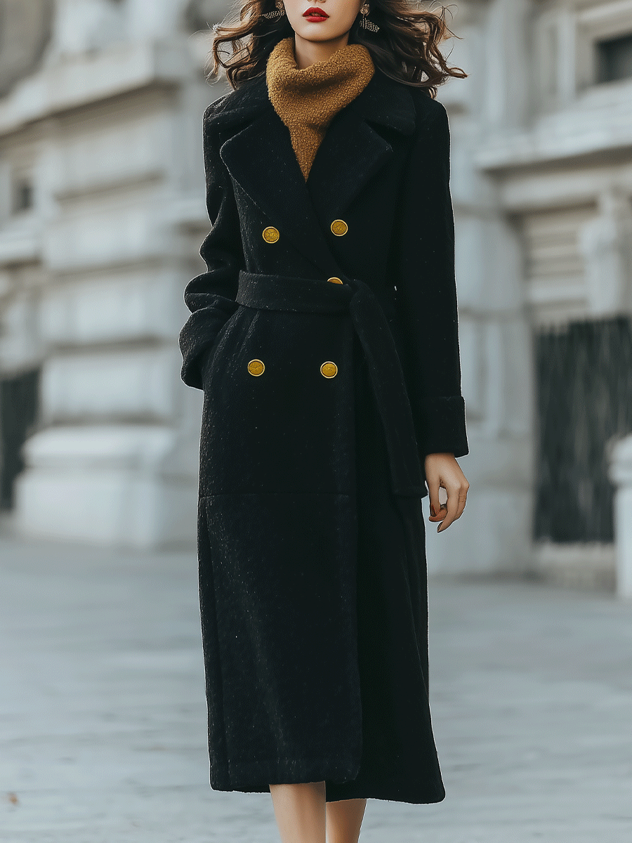 Black Double-Breasted Belted Tailored Coat - Long Coat