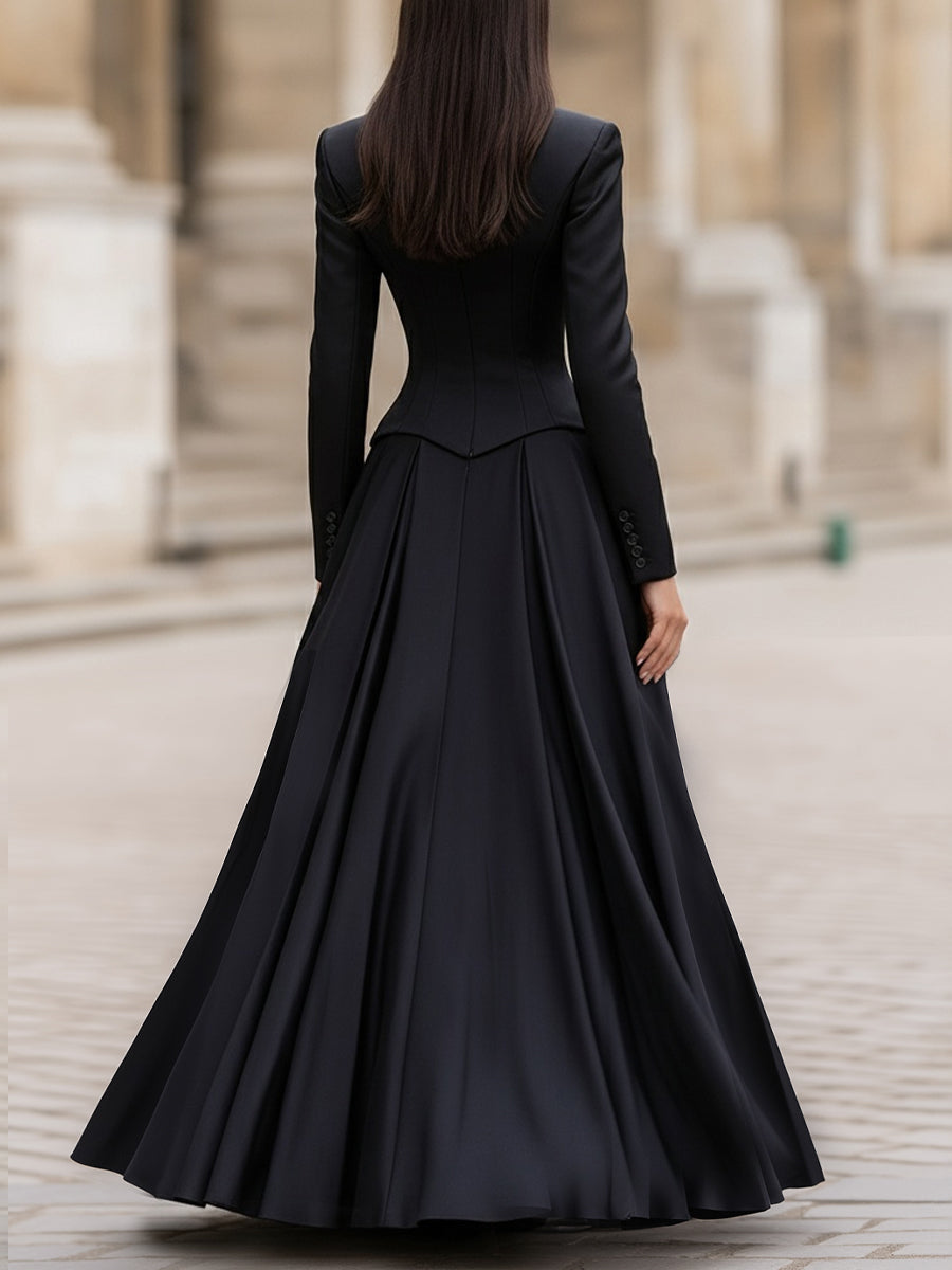 Elegant Tailored Waist Long-Sleeve Fitted Silhouette - Maxi Dress