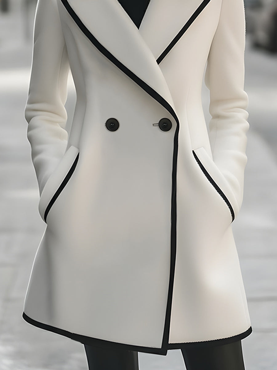 Elegant Double-Breasted Coat with Black Piping - Women's Coat