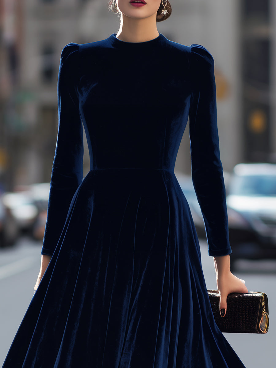 Navy Velvet Long-Sleeve Luxe - Midi Dress