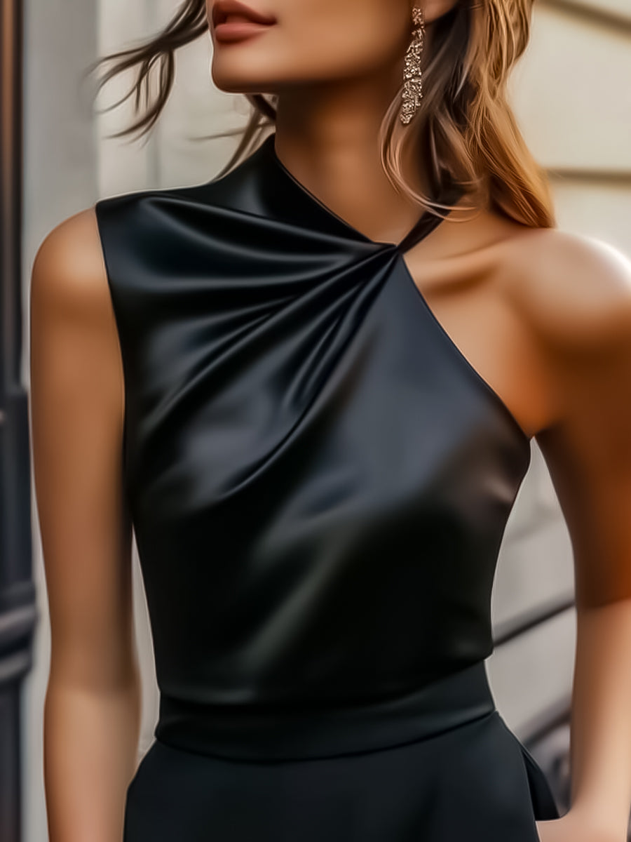 Satin Draped One-Shoulder with Strap Detail - Blouse