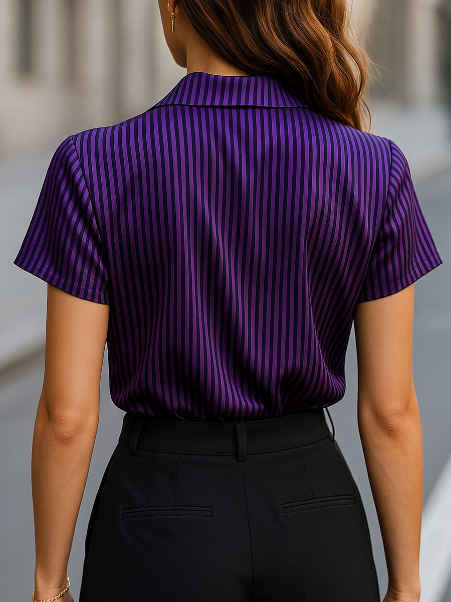 Glossy Satin Stripe Short-Sleeve, Wide Collar - Blouse