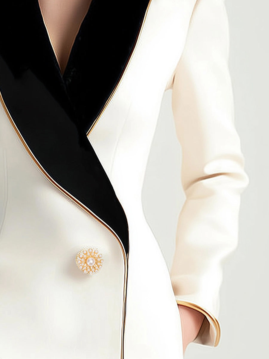 Asymmetrical White Blazer with Black Contrast Lapels - Women's Tailored Blazer