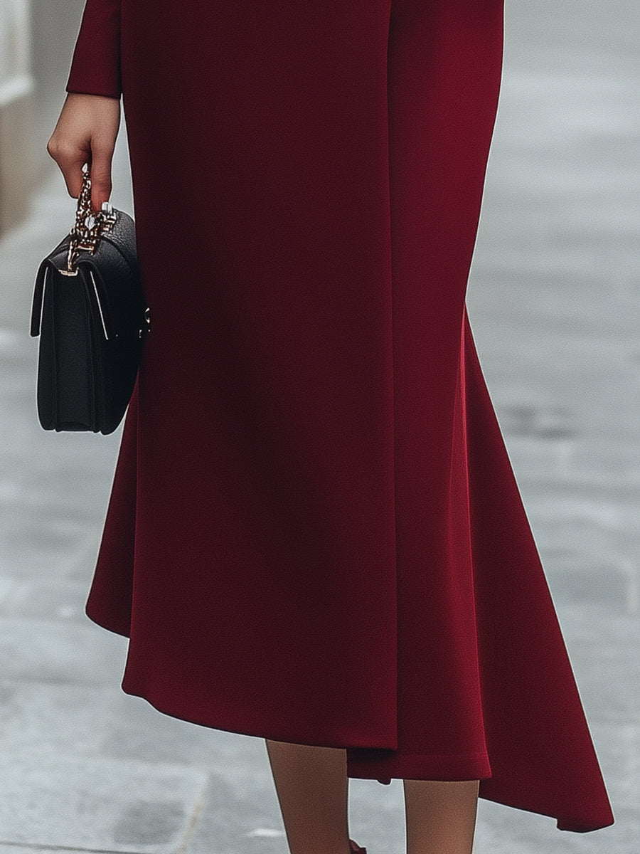 Burgundy Asymmetric Button-Front Long-Sleeve - Midi Dress