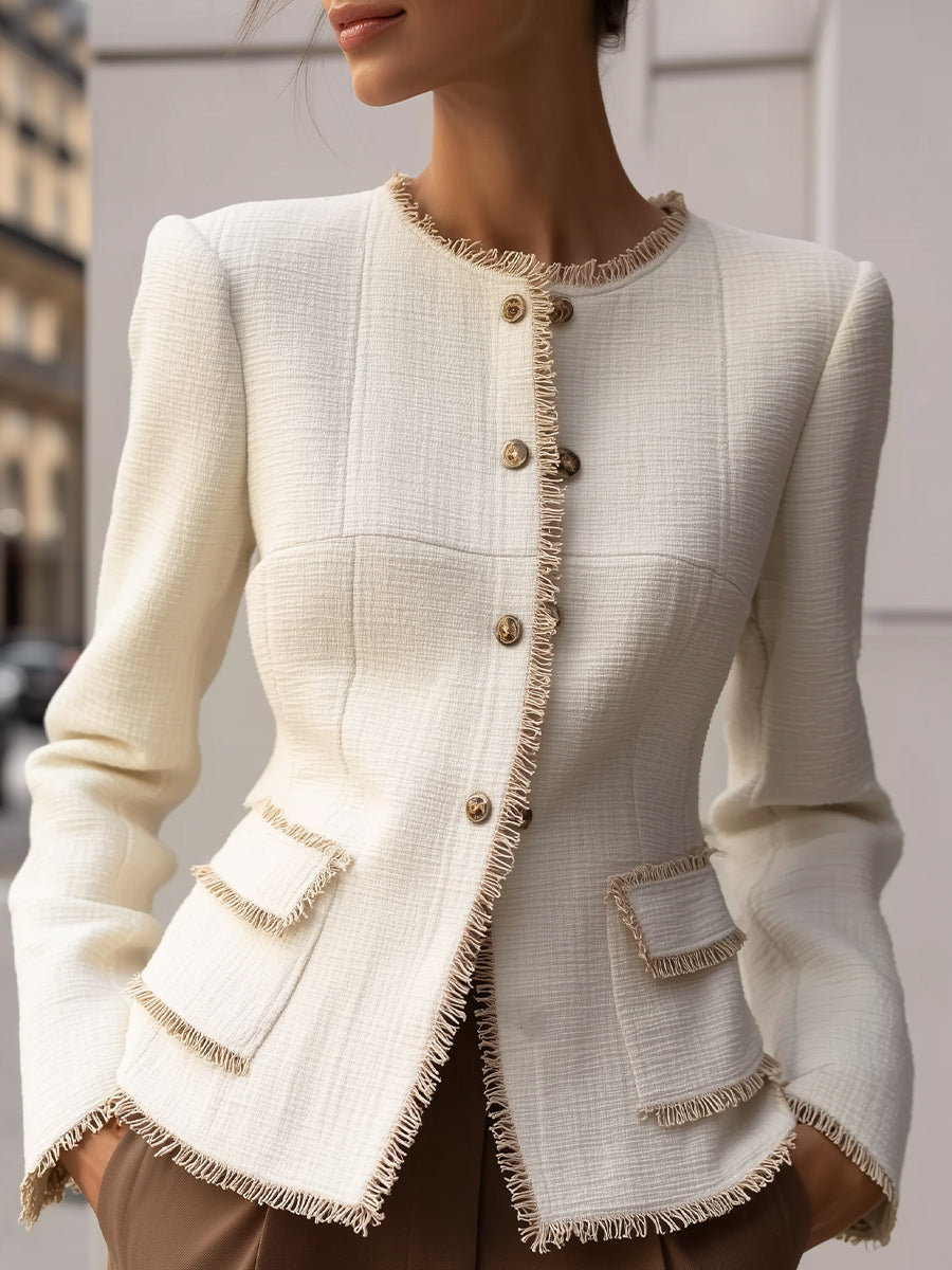 Elegant Cream Textured Tailored Blazer with Decorative Trim - Women's Blazer
