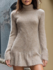Cozy Fuzzy Turtleneck Long-Sleeve Knit - Mini Dress