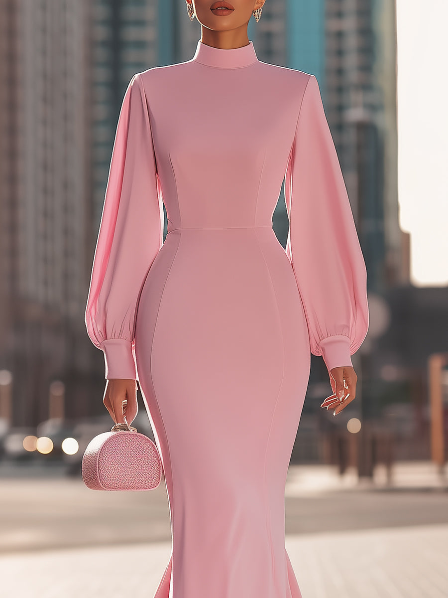 Blush Pink High‑Neck Mermaid Silhouette With Balloon Sleeves - Maxi Dress