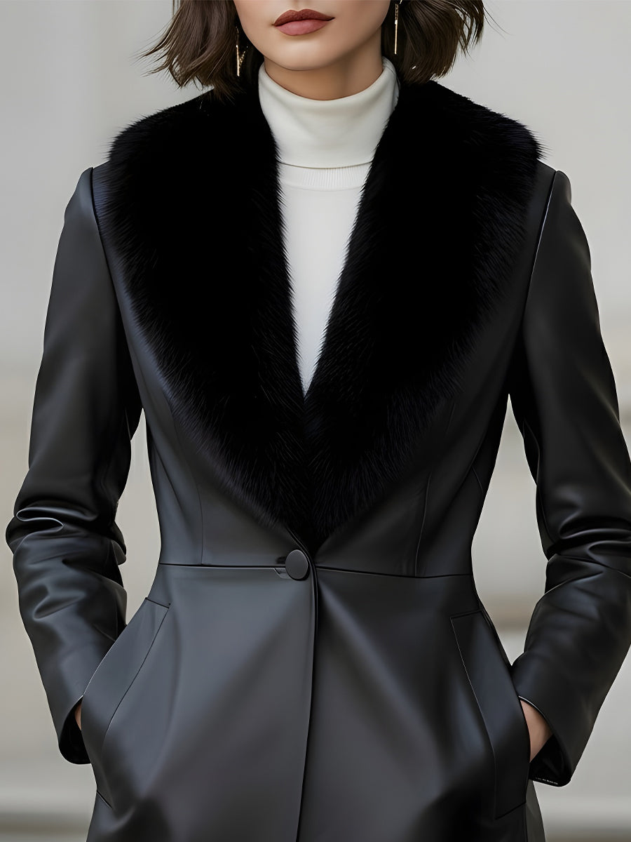 Faux Leather Shawl-Collar with Faux Fur Trim - Coat