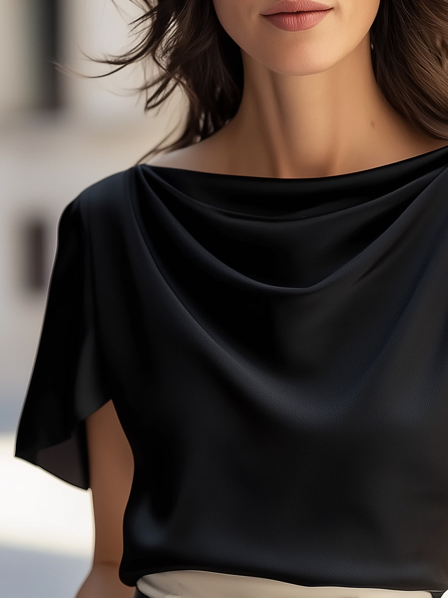 Classic Satin Draped Cap-Sleeve Top - Blouse