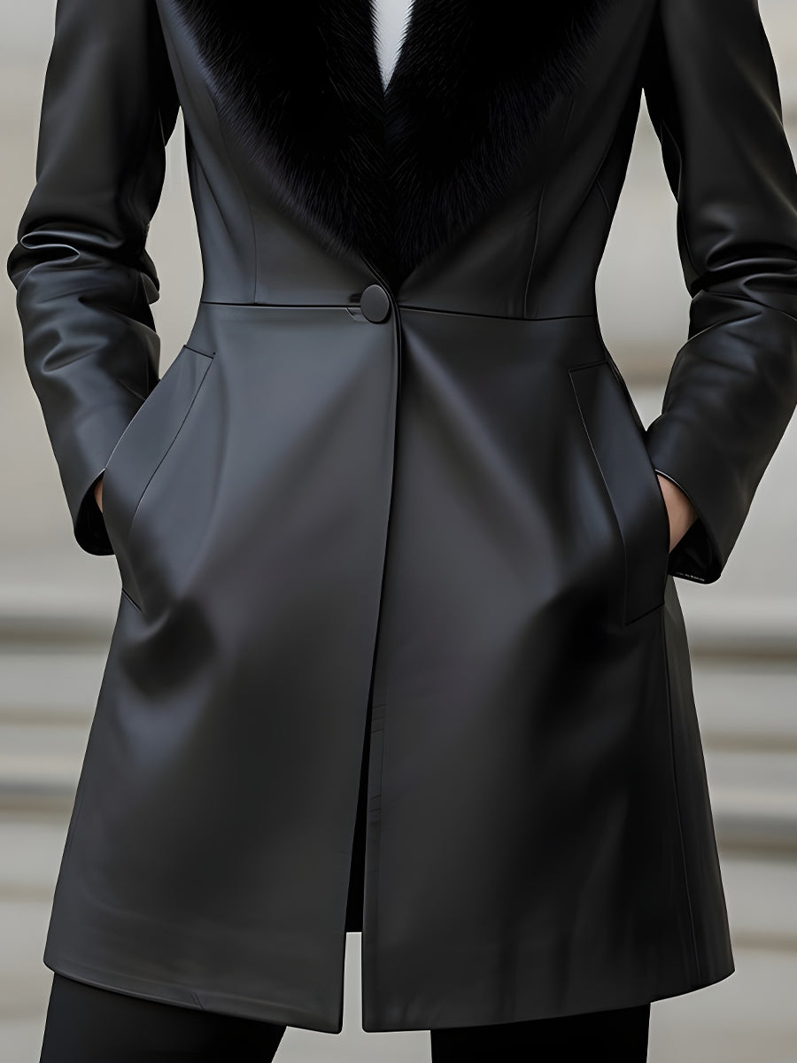 Faux Leather Shawl-Collar with Faux Fur Trim - Coat