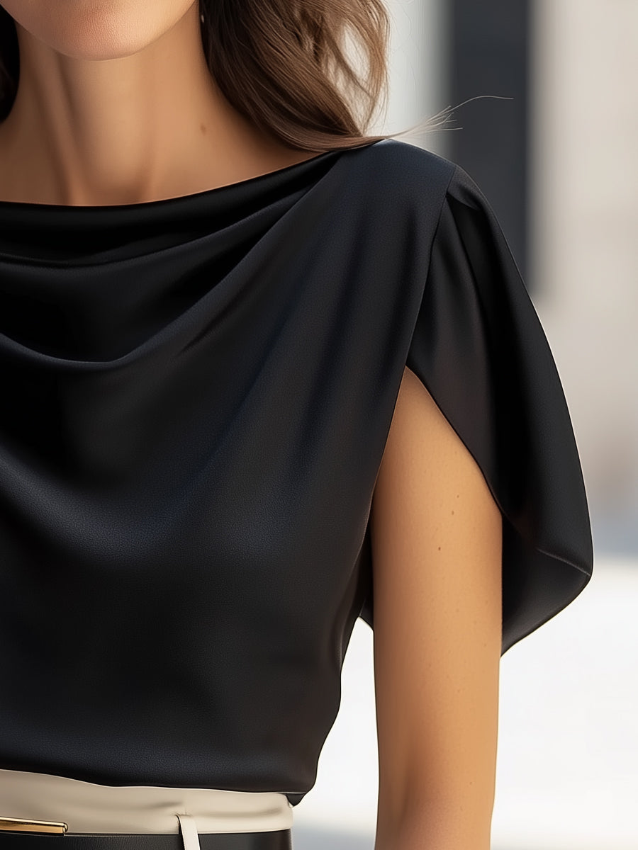 Classic Satin Draped Cap-Sleeve Top - Blouse