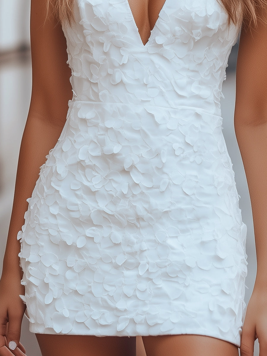 Petal-Textured V-Neck Floral Detail - Mini Dress