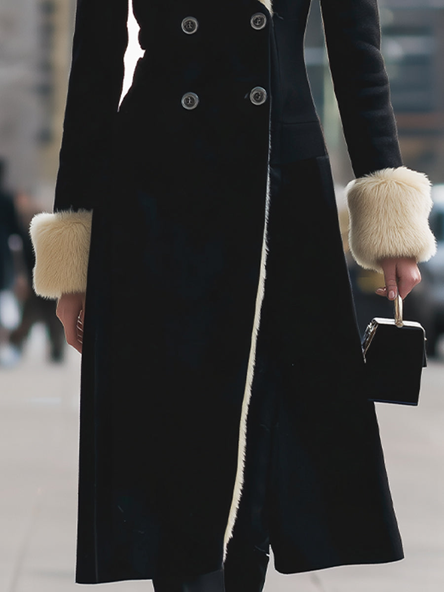 Luxurious Black Coat With Cream Faux Fur Trim - Winter Coat