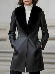 Faux Leather Shawl-Collar with Faux Fur Trim - Coat