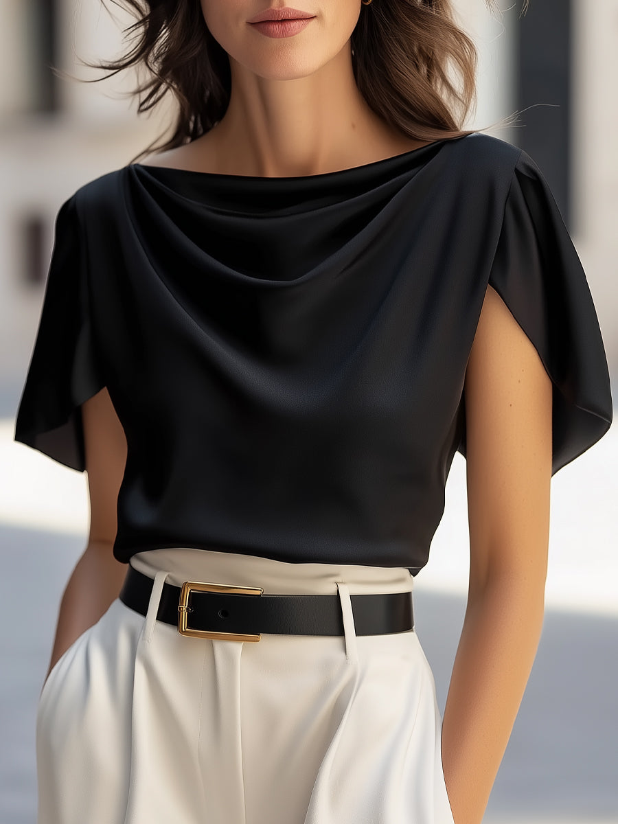 Classic Satin Draped Cap-Sleeve Top - Blouse