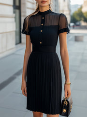 Elegant Sheer Pleated High-Neck Button-Up - Midi Dress