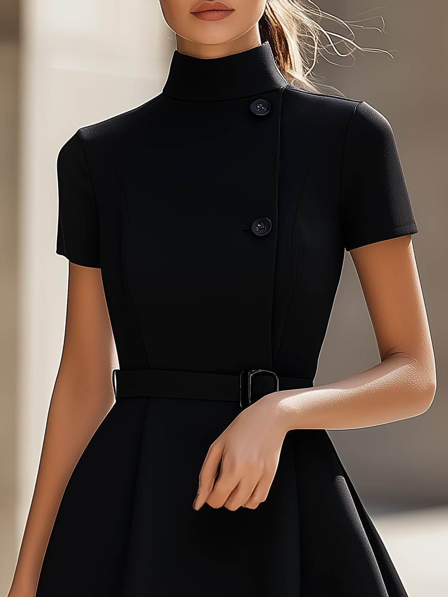 Elegant Black High-Neck Belted Sheath - Midi Dress