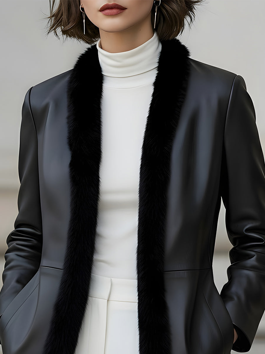 Women's Faux Leather Fur-Trimmed Tailored Fit - Blazer