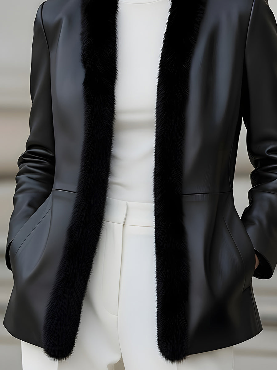 Women's Faux Leather Fur-Trimmed Tailored Fit - Blazer