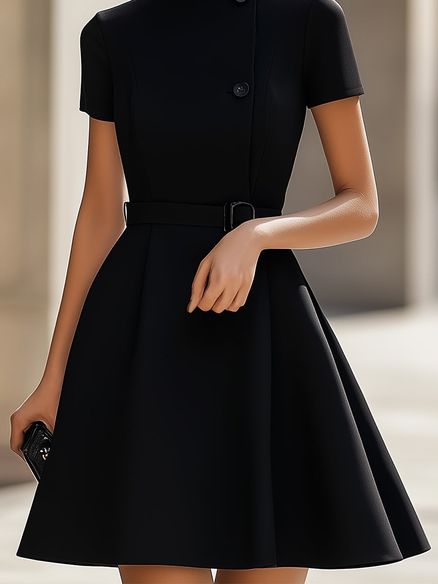 Elegant Black High-Neck Belted Sheath - Midi Dress