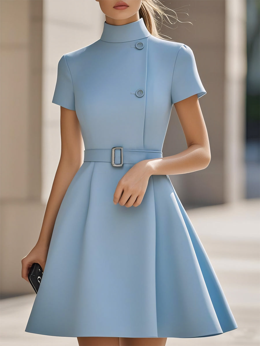 Elegant Black High-Neck Belted Sheath - Midi Dress